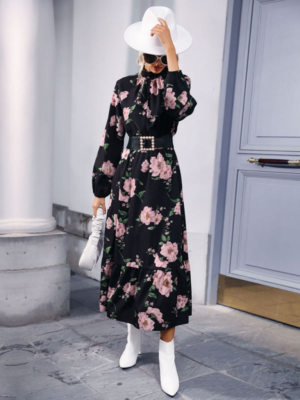Women's print long sleeve half high neck long dress dress BLUE ZONE PLANET