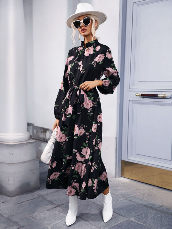 Women's print long sleeve half high neck long dress dress BLUE ZONE PLANET