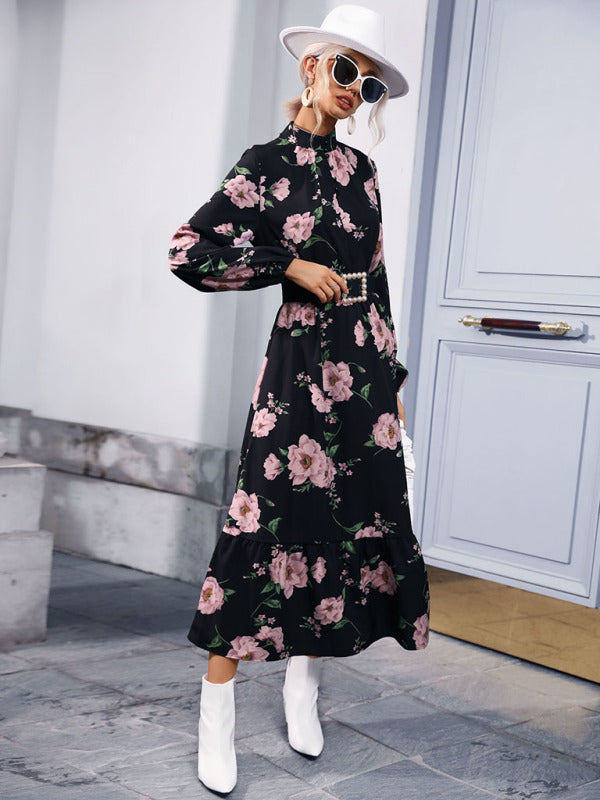 Women's print long sleeve half high neck long dress dress BLUE ZONE PLANET