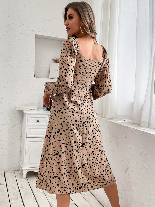 Women's retro leopard print backless long-sleeved elegant dresses kakaclo