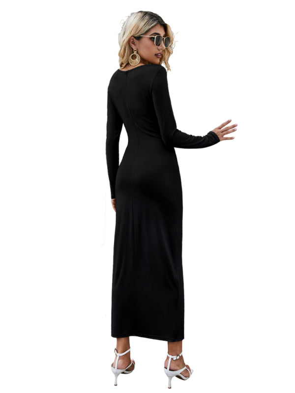 Blue Zone Planet |  long-sleeved V-neck waist-skimming pleated dress BLUE ZONE PLANET