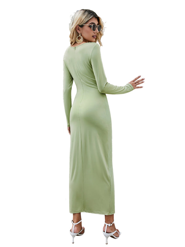 Blue Zone Planet |  long-sleeved V-neck waist-skimming pleated dress BLUE ZONE PLANET