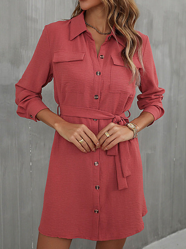 dress red long -sleeved lapel -style skirt BLUE ZONE PLANET
