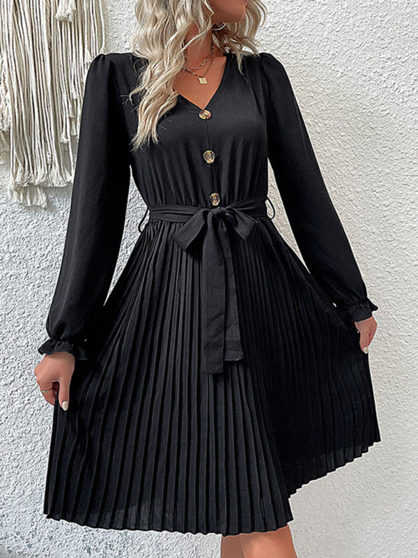 Fashion pleated skirt female black long -sleeved pleated dress BLUE ZONE PLANET