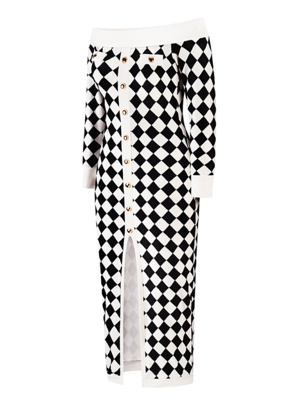 Blue Zone Planet |  Women's sexy strapless long-sleeved plush knitted plaid dress kakaclo