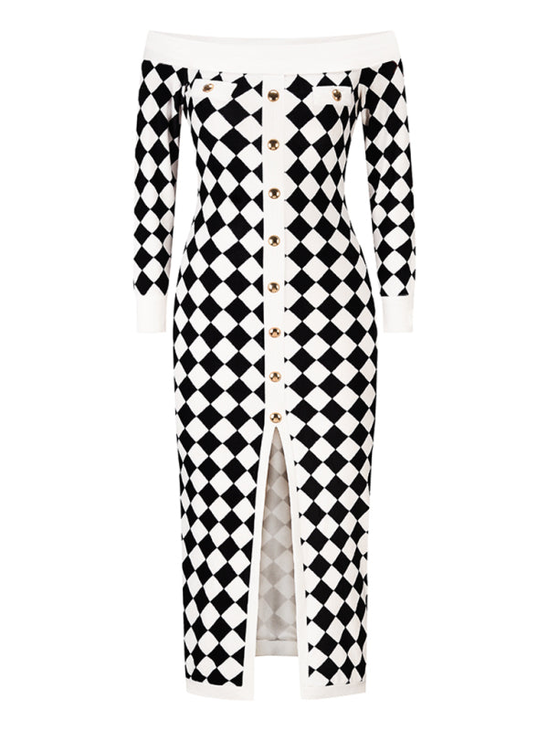 Blue Zone Planet |  Women's sexy strapless long-sleeved plush knitted plaid dress kakaclo