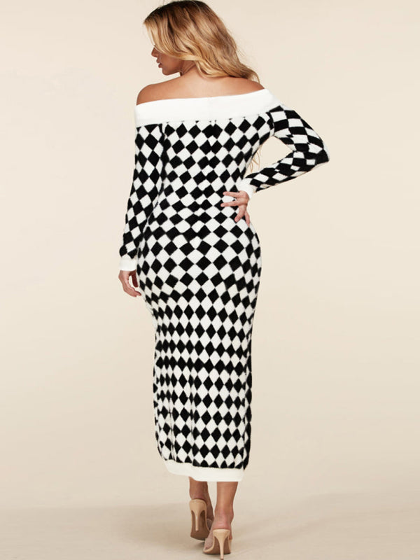 Blue Zone Planet |  Women's sexy strapless long-sleeved plush knitted plaid dress kakaclo