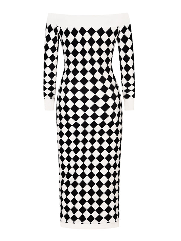 Blue Zone Planet |  Women's sexy strapless long-sleeved plush knitted plaid dress kakaclo