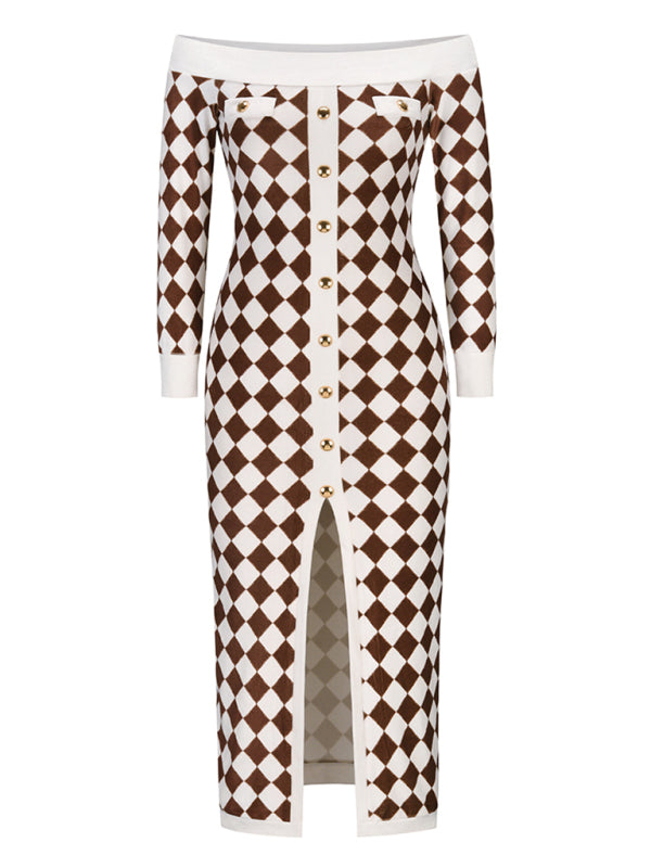 Blue Zone Planet |  Women's sexy strapless long-sleeved plush knitted plaid dress kakaclo