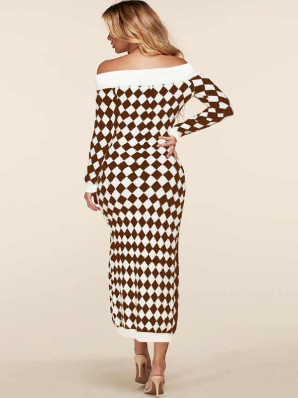 Blue Zone Planet |  Women's sexy strapless long-sleeved plush knitted plaid dress kakaclo