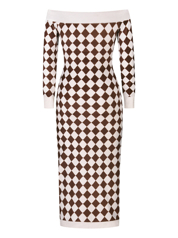 Blue Zone Planet |  Women's sexy strapless long-sleeved plush knitted plaid dress kakaclo
