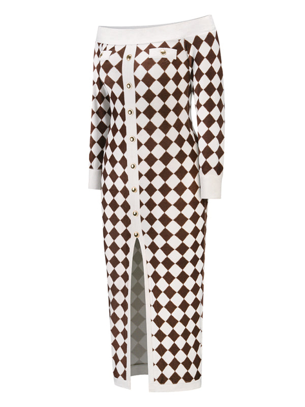 Blue Zone Planet |  Women's sexy strapless long-sleeved plush knitted plaid dress kakaclo