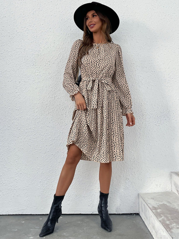 leopard print lace-up long-sleeved pleated dress kakaclo