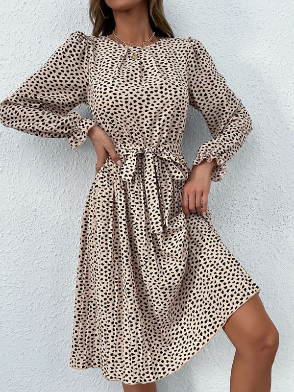 leopard print lace-up long-sleeved pleated dress kakaclo
