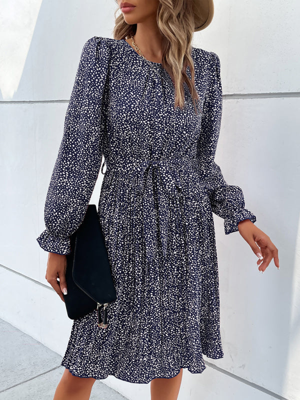 leopard print lace-up long-sleeved pleated dress kakaclo