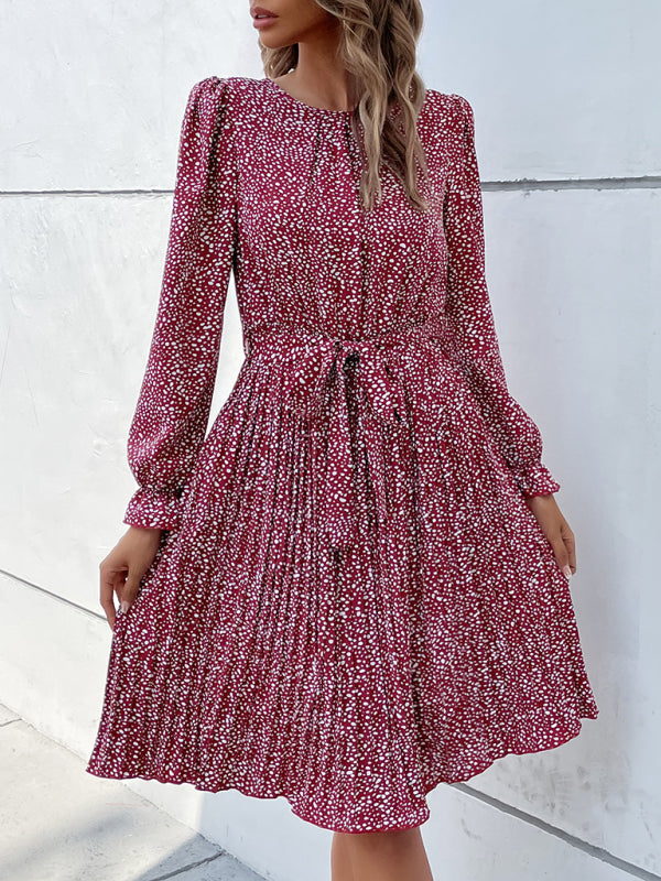 leopard print lace-up long-sleeved pleated dress kakaclo