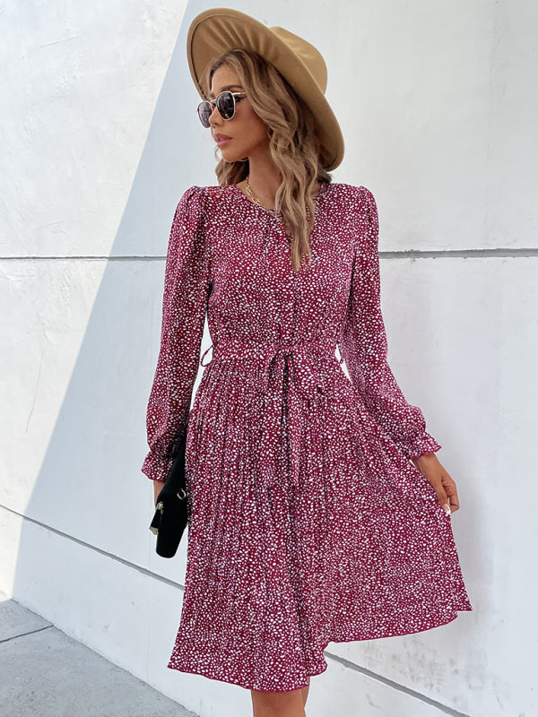 leopard print lace-up long-sleeved pleated dress kakaclo