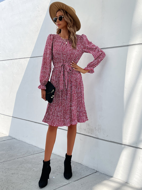 leopard print lace-up long-sleeved pleated dress kakaclo