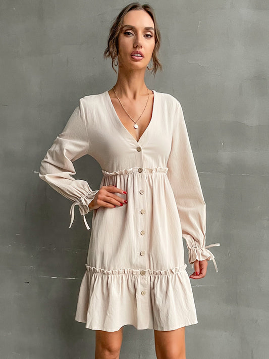 splicing dress V-neck long-sleeved dress kakaclo