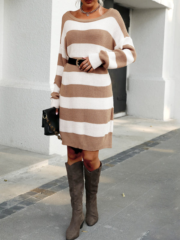 Blue Zone Planet |  Women's round neck striped loose lazy sweater dress kakaclo