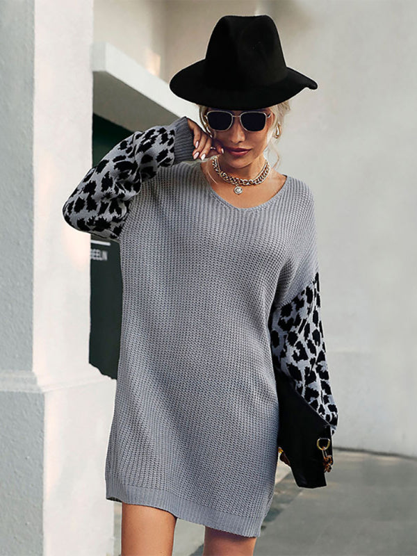 Women's leopard print splicing casual loose sweater dress (without belt) kakaclo