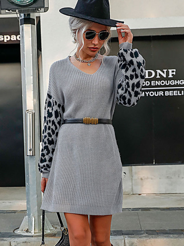 Women's leopard print splicing casual loose sweater dress (without belt) kakaclo