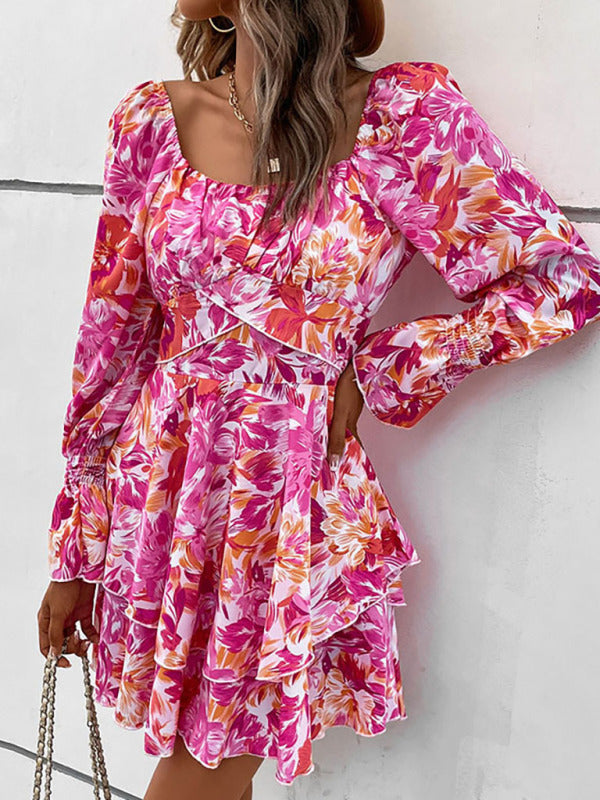 Blue Zone Planet |  square neck print ruffle sleeve dress BLUE ZONE PLANET
