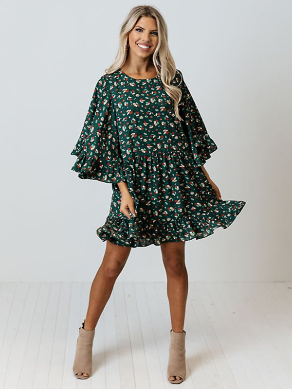 Women's leopard print bat long sleeve splicing dress kakaclo