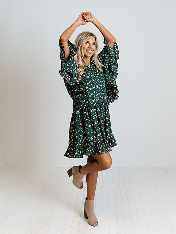 Women's leopard print bat long sleeve splicing dress kakaclo