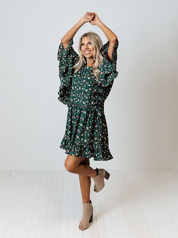 Women's leopard print bat long sleeve splicing dress kakaclo