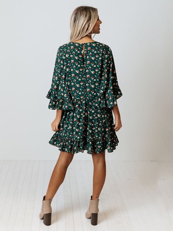 Women's leopard print bat long sleeve splicing dress kakaclo