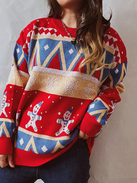 Women’s Graphic Christmas Knit Crewneck Sweater With Drop Shoulder Sleeves BLUE ZONE PLANET