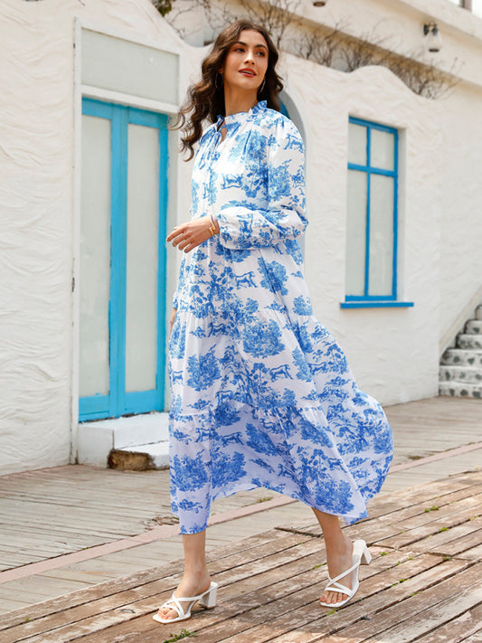 Blue Zone Planet |  Women's Print Ruffle Neck Long Sleeve Resort Dress kakaclo