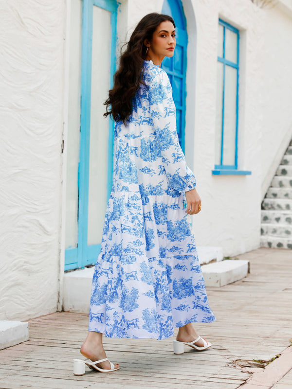 Blue Zone Planet |  Women's Print Ruffle Neck Long Sleeve Resort Dress kakaclo