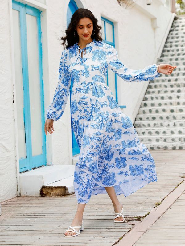 Blue Zone Planet |  Women's Print Ruffle Neck Long Sleeve Resort Dress kakaclo