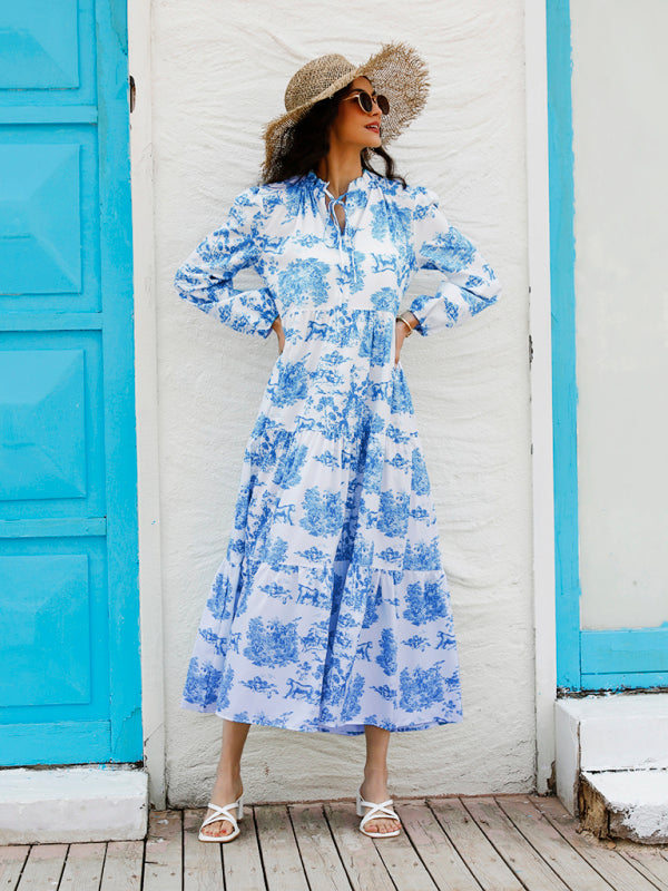 Blue Zone Planet |  Women's Print Ruffle Neck Long Sleeve Resort Dress kakaclo