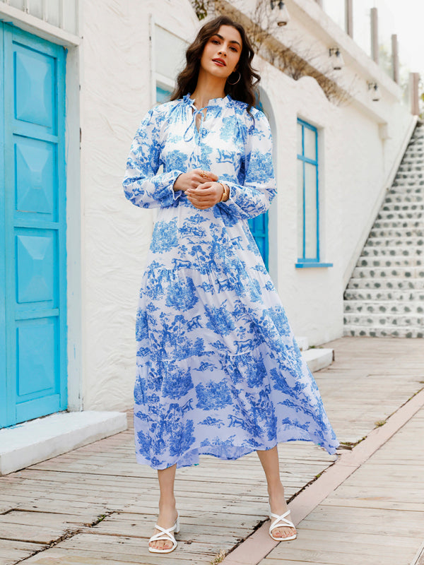 Blue Zone Planet |  Women's Print Ruffle Neck Long Sleeve Resort Dress kakaclo