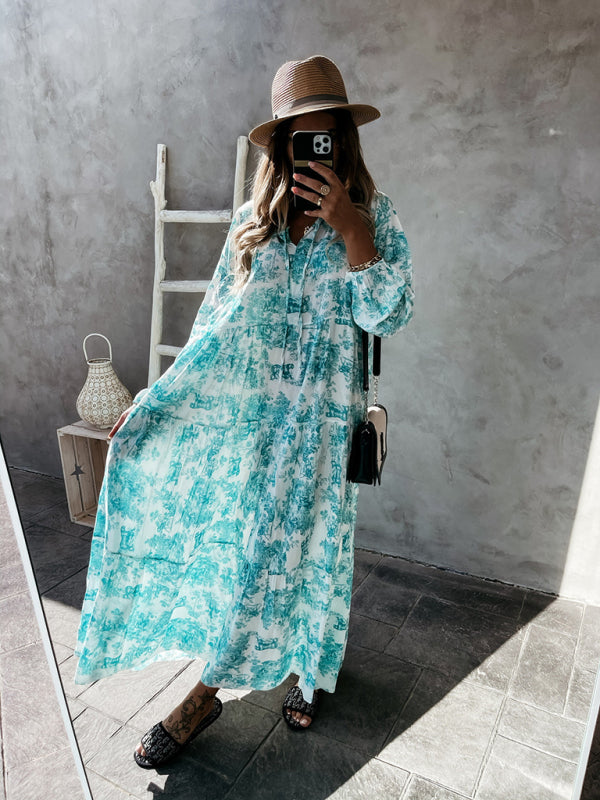 Blue Zone Planet |  Women's Print Ruffle Neck Long Sleeve Resort Dress kakaclo
