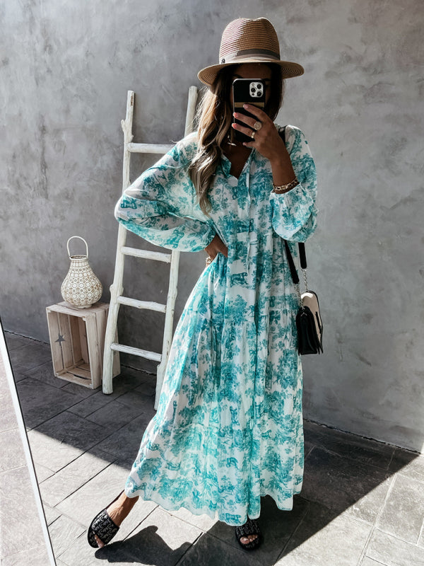Blue Zone Planet |  Women's Print Ruffle Neck Long Sleeve Resort Dress kakaclo