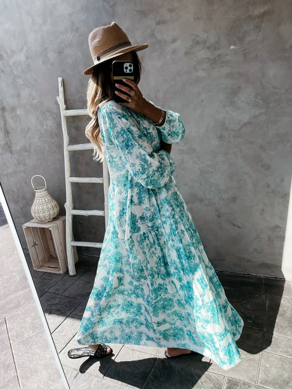 Blue Zone Planet |  Women's Print Ruffle Neck Long Sleeve Resort Dress kakaclo