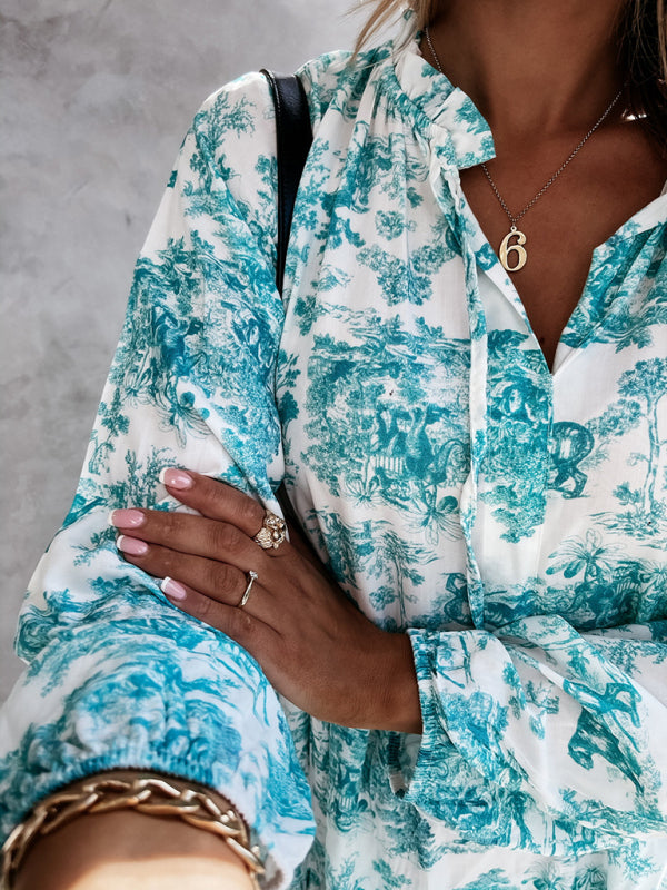 Blue Zone Planet |  Women's Print Ruffle Neck Long Sleeve Resort Dress kakaclo