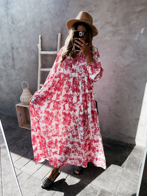 Blue Zone Planet |  Women's Print Ruffle Neck Long Sleeve Resort Dress kakaclo