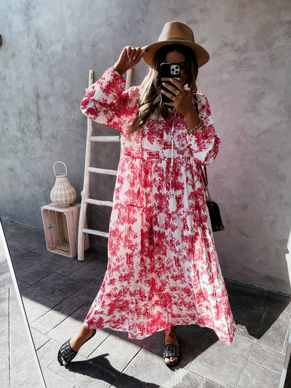 Blue Zone Planet |  Women's Print Ruffle Neck Long Sleeve Resort Dress kakaclo