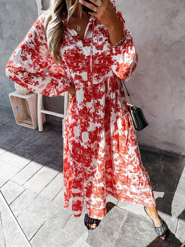 Blue Zone Planet |  Women's Print Ruffle Neck Long Sleeve Resort Dress kakaclo