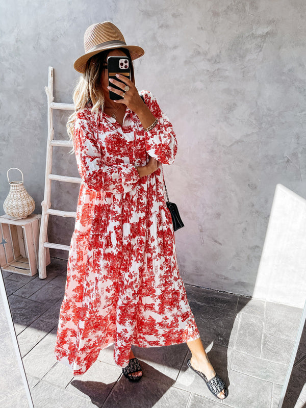 Blue Zone Planet |  Women's Print Ruffle Neck Long Sleeve Resort Dress kakaclo
