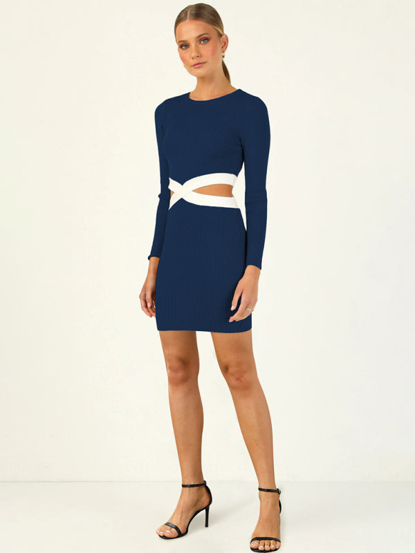Blue Zone Planet |  ribbed slim hollow long-sleeved dress BLUE ZONE PLANET