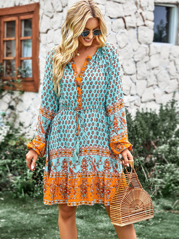 Crew Neck Long Sleeve Boho Print Dress BLUE ZONE PLANET