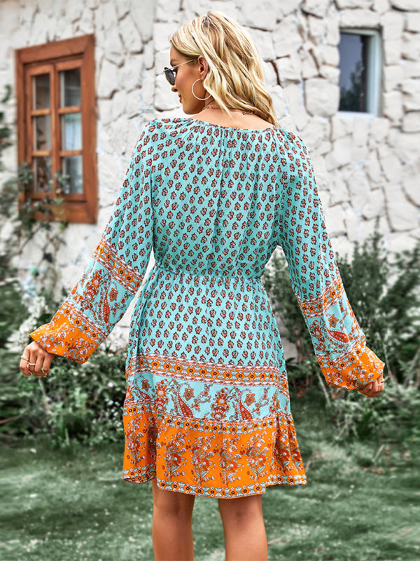 Crew Neck Long Sleeve Boho Print Dress BLUE ZONE PLANET