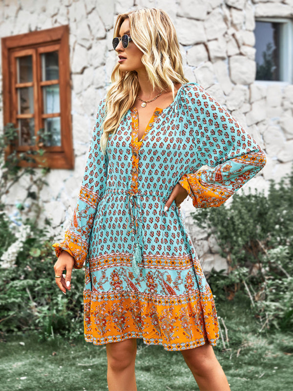 Crew Neck Long Sleeve Boho Print Dress BLUE ZONE PLANET