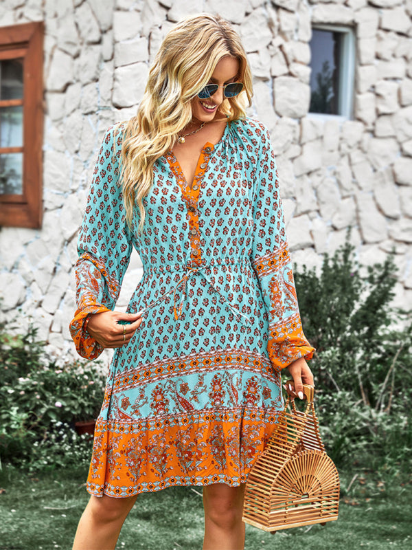 Crew Neck Long Sleeve Boho Print Dress BLUE ZONE PLANET